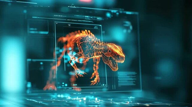 Futuristic digital interface dinosaur skeleton hologram, advanced technology, science laboratory research innovation, glowing orange virtual display, paleontology exploration, data analysis