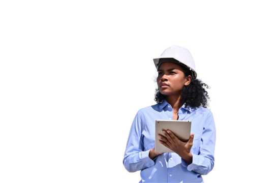 Engineers wearing safety gear, including hard hats examining survey standing industrial facility engaged in a job requires high safety standards concept with PNG white background. - Powered by Adobe