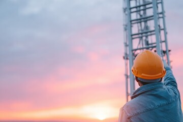 5g telecom engineer climbing ladder to install antenna module on tower