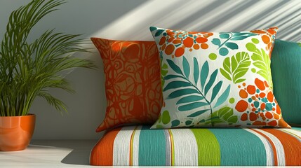 Vibrant tropical living room setting featuring a bold orange sofa, rainbow-hued cushions, and lush greenery, set against a yellow muted blank wall mockup ideal for poster art and warm sunlight,