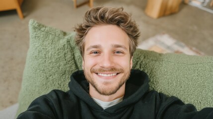 A happy man is seen lying in bed from an overhead perspective, his head resting on a matching pillow with his eyes closed and a warm smile on his face