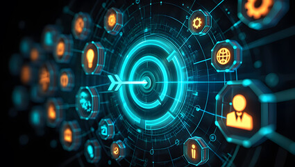 Obraz premium Futuristic Digital Target with Arrow Hitting the Center, Surrounded by Tech Icons, Representing Precision, Accuracy, and Achieving Goals in the Digital World