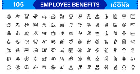 Employee Benefits Icon Set Representing Health, Retirement, Paid Leave, Bonuses, and Work-Life Balance Concepts in a Professional, Minimal Vector Design