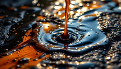 a close up view of a puddle with ripples on its surface, reflecting light, under an overflowing dark liquid which appears to be coffee or oil