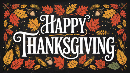 Happy thanksgiving decorative greeting with autumn leaves acorns and wheat stalks on a dark textured background