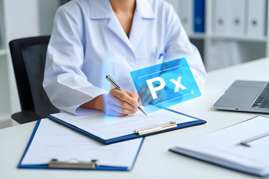 Modern Medical Prescription A Doctor Writes on a Clipboard with a Holographic Prescription Symbolizing Advanced Healthcare and Pharmaceutical Solutions in a Clinic