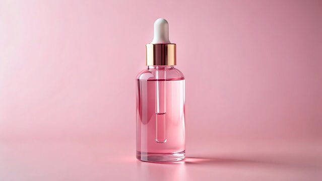 A pink glass bottle with a dropper contains a clear pink liquid against a pink background