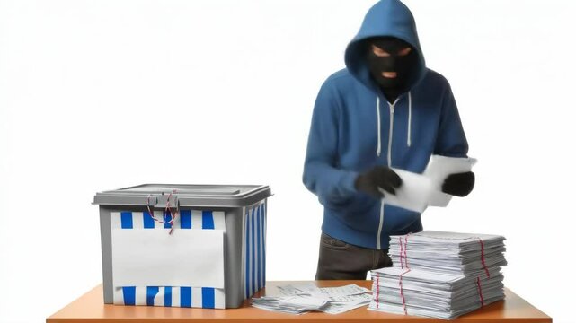 Masked Thief Stealing Ballot Papers from Ballot Box - A hooded figure in a balaclava is shown stealing papers from a ballot box on a table.