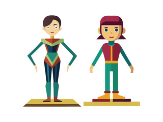 Two stylized cartoon characters in colorful geometric outfits standing on platforms isolated on white background
