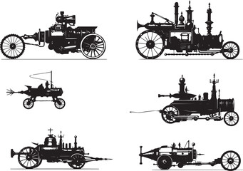 Obraz premium A set of steampunk-style vehicles. Hand drawn vector illustration 