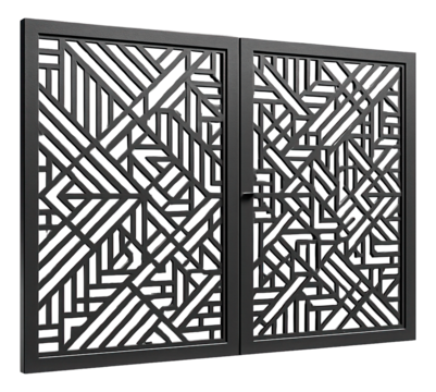 Intricate laser-cut metal swing gate with geometric patterns, ideal for an artistic home design.