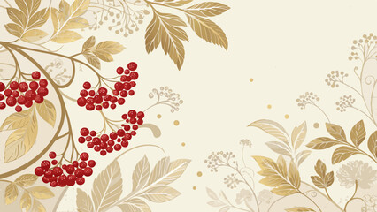 Modern vector abstract background with subtle gold leaf motifs and delicate red berry clusters on neutral beige or cream canvas with copy space, words + concept