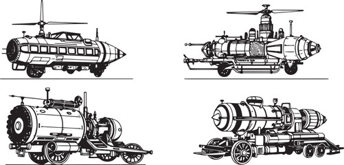 Obraz premium A set of steampunk-style vehicles. Hand drawn vector illustration 