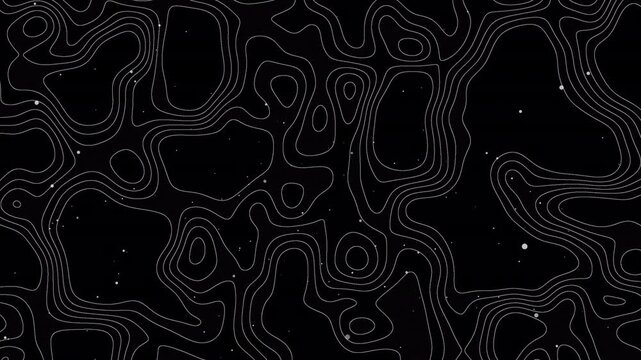 Minimalist white topographic contour lines animated over a black background, with subtle floating particles portrait.for geography, exploration, science, or abstract digital visuals