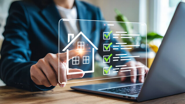 Person interacting with a digital interface displaying a house icon and a checklist with green checkmarks next to tasks on a laptop