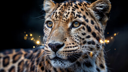 Fototapeta premium Close up portrait of a majestic leopard with striking amber eyes and detailed fur texture against a dark background with bokeh lights