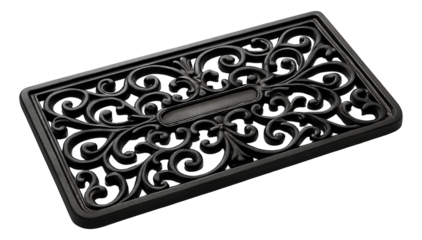 Cast iron outdoor threshold for a historical home, with intricate scrollwork design.