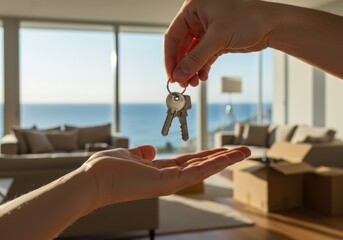 Hands exchanging keys in a bright modern apartment with ocean view and moving boxes