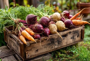 Freshly Harvested Root Vegetables in Rustic Wooden Crate with Bright Colors and Organic Appearance Amidst Lush Garden Background