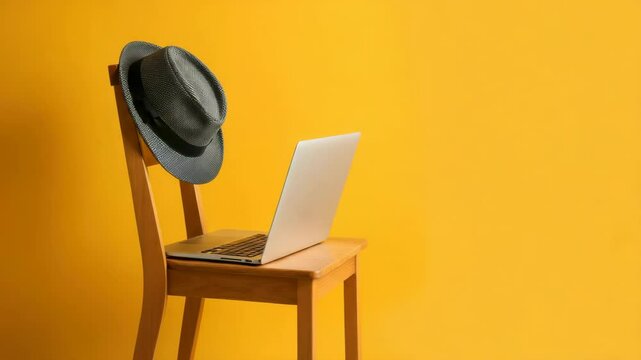 Laptop on wooden chair with hat backrest against yellow background