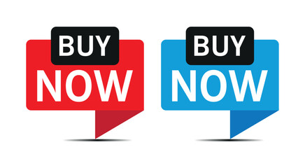 red and blue buy now speech bubble labels for online shopping and e-commerce call to action	