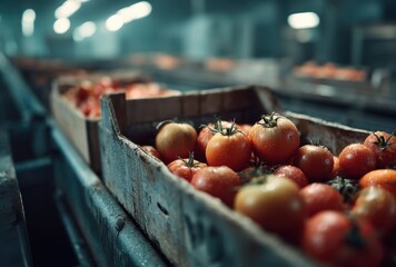 Freshly Harvested Tomatoes in Wooden Crates at a Produce Facility Under Soft Lighting for Food Industry and Agriculture Themes