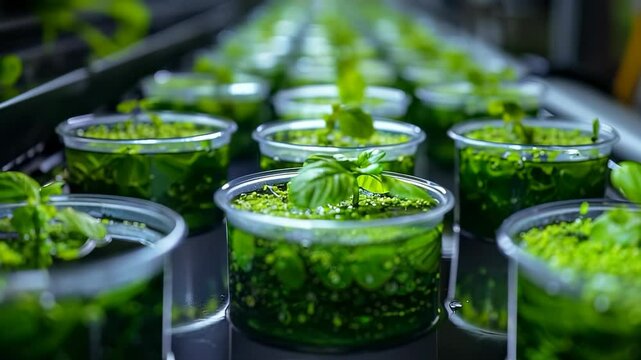 Close-up of microalgae cultivation tanks in a controlled laboratory showing rows of transparent containers filled with swirling green liquid indicating active growth and research