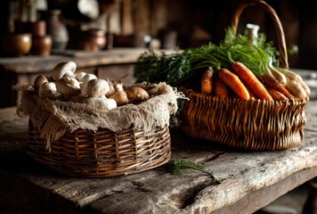 Freshly Harvested Vegetables and Mushrooms in Rustic Baskets on Wooden Table Surrounded by Natural Farmhouse Atmosphere