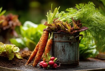 Freshly Harvested Vegetables in Rustic Bucket Surrounded by Greenery, Showcasing Carrots, Radishes, and Colorful Leaves in Outdoor Setting