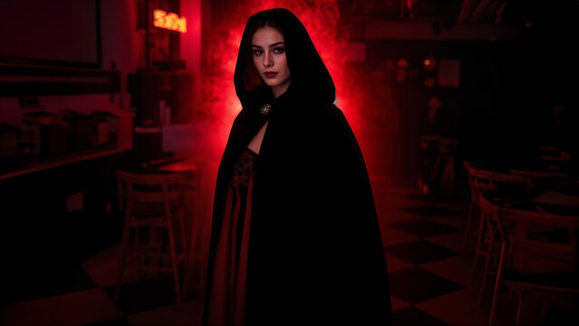 Captivating girl in gothic dress embodies vampire aura, surrounded by dark ambiance. Perfect for Halloween, fantasy art, fashion. High-res, dramatic appeal