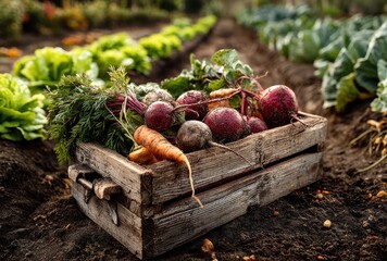 Freshly Harvested Vegetables in Wooden Crate Surrounded by Vibrant Green Crops in Organic Garden Setting