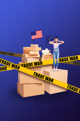 Creative composite sketch artwork collage of pile box trade war young lady stand shocked crisis...