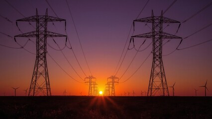 Fototapeta premium High voltage power lines and wind turbines at sunset in a rural landscape, symbolizing renewable energy and electricity transmission