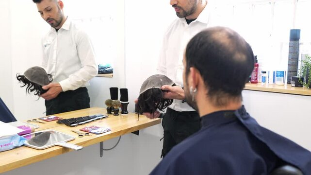 Hair clinic technicians showing different hairpieces and hair implants to a balding client, discussing options for hair replacement