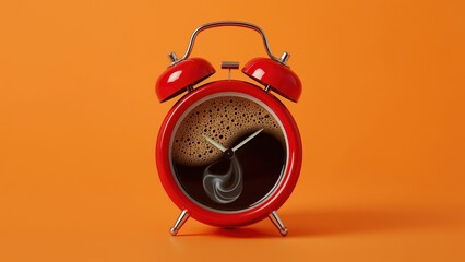 Red alarm clock with coffee-filled face on orange background symbolizing morning energy and caffeine boost