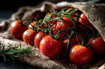 Freshly picked cherry tomatoes with droplets of water arranged on a textured linen fabric, showcasing their vibrant color and rustic charm