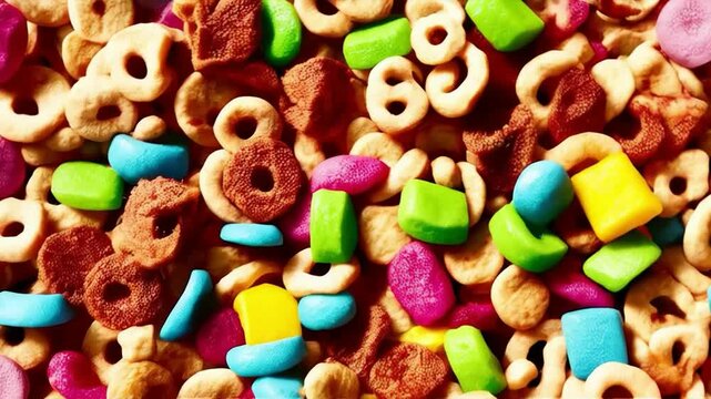 Brightly colored breakfast cereal flies out of a blue bowl. Useful for advertising food and healthy lifestyle.
