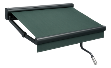 A retractable fabric awning over a patio door for a private house, providing shade and protection from the elements.