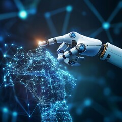 Artificial Intelligence. Futuristic 3d robot arm and human hand touching digital world with wireframe connections, virtual graphic interface future technology, Cyborg hand pointing a Connection.