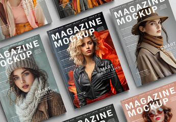 Magazine Covers Lined Up on White Background Mockup