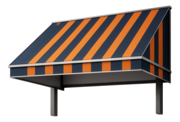 A large, fixed fabric awning for a villa?s main entrance, designed to make a bold statement with vibrant colors.