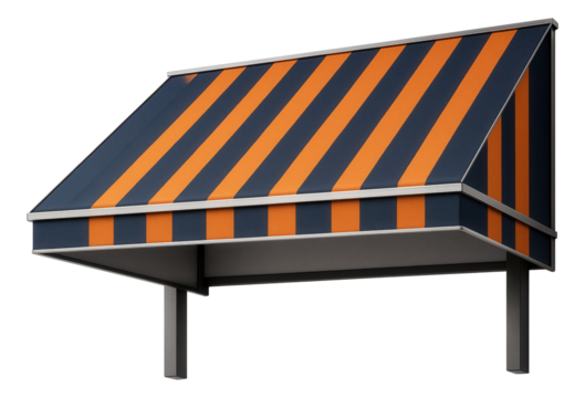 A large, fixed fabric awning for a villa?s main entrance, designed to make a bold statement with vibrant colors.