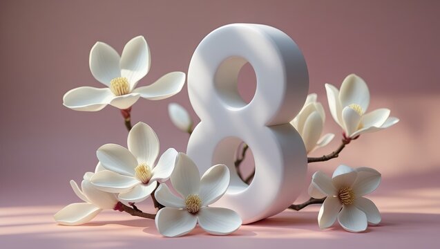 White number eight with blooming magnolia flowers on a soft pink background - Powered by Adobe