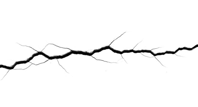 A prominent, sharp, jagged crack with significant depth and intricate branching lines horizontally across a transparent studio background, captured with top-down studio lighting emphasizing rough
