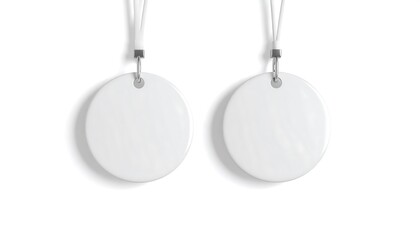 Two white round tags on white background.