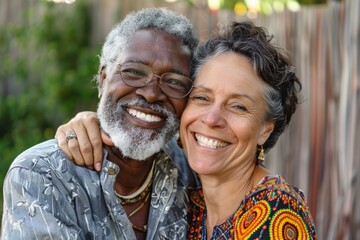 Fototapeta premium Portrait of a cheerful multicultural couple in their 60s celebrating anniversary