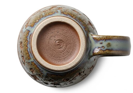 Rustic Handcrafted Ceramic Base. Underside view of a unique, artisanal pottery vessel with rich, multi-toned glaze. Its distinct surface texture embodies craftsmanship and organic charm.