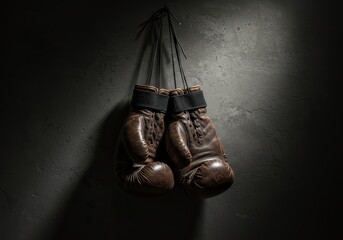 Pair of vintage leather boxing gloves hanging on a dark textured wall