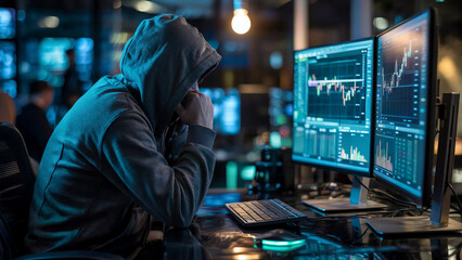 Anonymous hacker wearing a hoodie sits in a dark room illuminated by the glow of multiple computer monitors displaying stock market charts and data