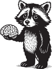 sad raccoon holding a brain